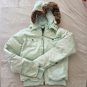 Triple Five Soul Mint Green Faux-fur Trim Winter Jacket Down Fill Size Medium
